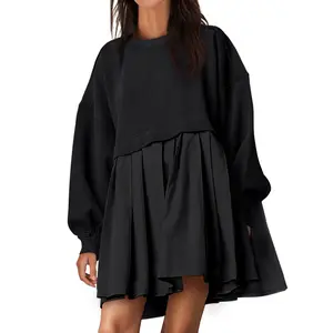 ANRABESS Women Oversized Sweatshirts Hoodie Dress Long Sleeve Crewneck Casual Baggy Patchwork Pleated Flowy Mini Dresses