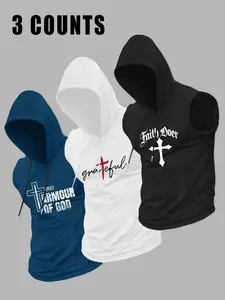 3 Pack Men's Sleeveless Hooded Tank Tops | Christian Faith Blessed Cross Praying Hands Gym Shirts | Ephesians 2:8 Religious Muscle Hoodies for Workout Streetwear, Graphic Print Hoodie Fitness Training Clothes