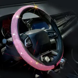 Leather Steering Wheel Cover with Bling Bling  Rhinestones, Universal Fit 15 Inch  Wheel Protector for Women Girls