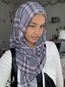 1pc Striped Plaid Print Bali Silk Hijab Head Scarf, Single-Sided Printed Rayon, Soft Premium Jersey, Muslim Daily Wear Hijab