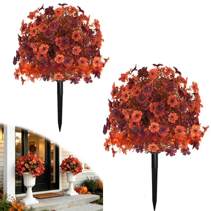 1/2 Pack 22" Fall Artificial Mums Flowers Topiary Balls with Ground Spikes | 2 Pack 22" Fall Mums Topiary Balls, 6.3" Ground Spikes, UV-Resistant PE & Silk, Idea for Porch, Patio, Garden, Outdoor Decor