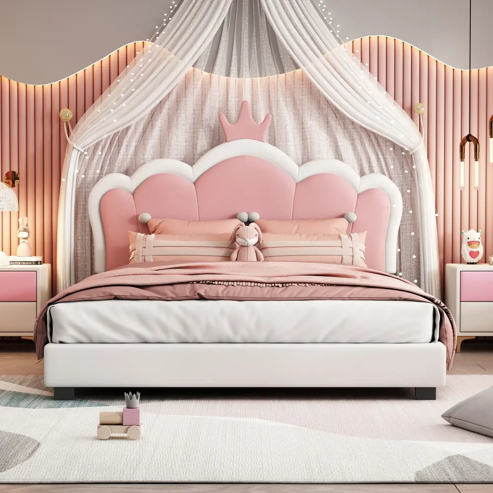 Full Size Upholstered Princess Bedroom Bedframe, Platform Bed With Crown Headboard and Footboard