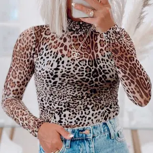 Brown Leopard Smocked Neck Mesh Long Sleeve Bodysuit