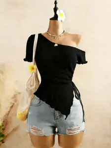 Summer Essential: Women's Sexy Feminine Asymmetrical Off-Shoulder Side Tie Top, Fashionable Ruffle Hem Short Sleeve T-Shirt, Slim-Fitting Style Womenswear