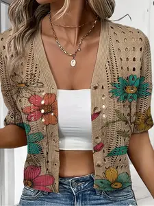 Spring Summer V Neck Elegant Floral Print Knit Short Sleeve Cardigan, Bohemian Style, Casual Outerwear for Women