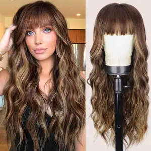 Vigorous Wig With Bangs Long Wavy Brown Mixed Blonde Highlights Wig with Dark Roots Ombre Natural Curly Synthetic Resistant Fiber Wigs for Women Daily Party Use