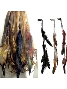 3pcs Artificial Feather Boho Style Feather Tassel Hair Clip Set With Snap, Suitable For Women Daily Use,Hair Accessories,Hair Barrettes Hair Clips Claw Clips Hair Claws