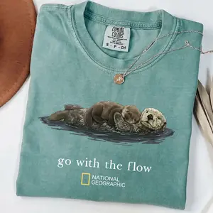 Comfort Color National Geographic Go With The Flow Unisex T Shirt | Nature Flow Graphic With Minimalist Outdoor Typography Design | Trendy Graphic Gift Cotton Adventure Lifestyle Style With Calm Wander Energy | Unisex Casual Graphic T Shirt