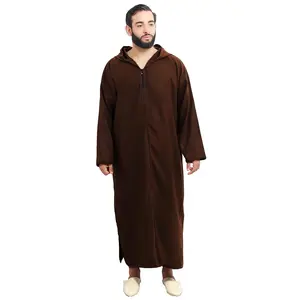 Moroccan Men Djellaba Handmade Winter Cotton Delicate Embroidery Chocolate Large to X-large