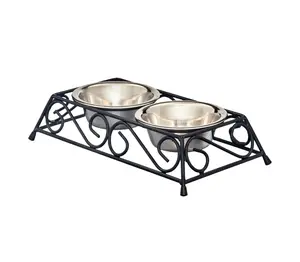 Stainless Steel Pet Food Bowl with Double Diner in Black and Silver Elevated Feeder for Pets