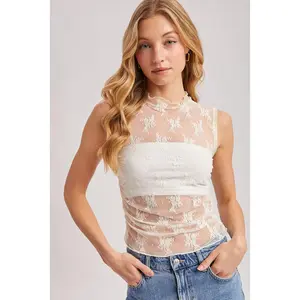Women's Sheer Floral Embroidery Muscle Tank - Ivory, Nylon Fabric, Feminine Gorgeous Everyday Top