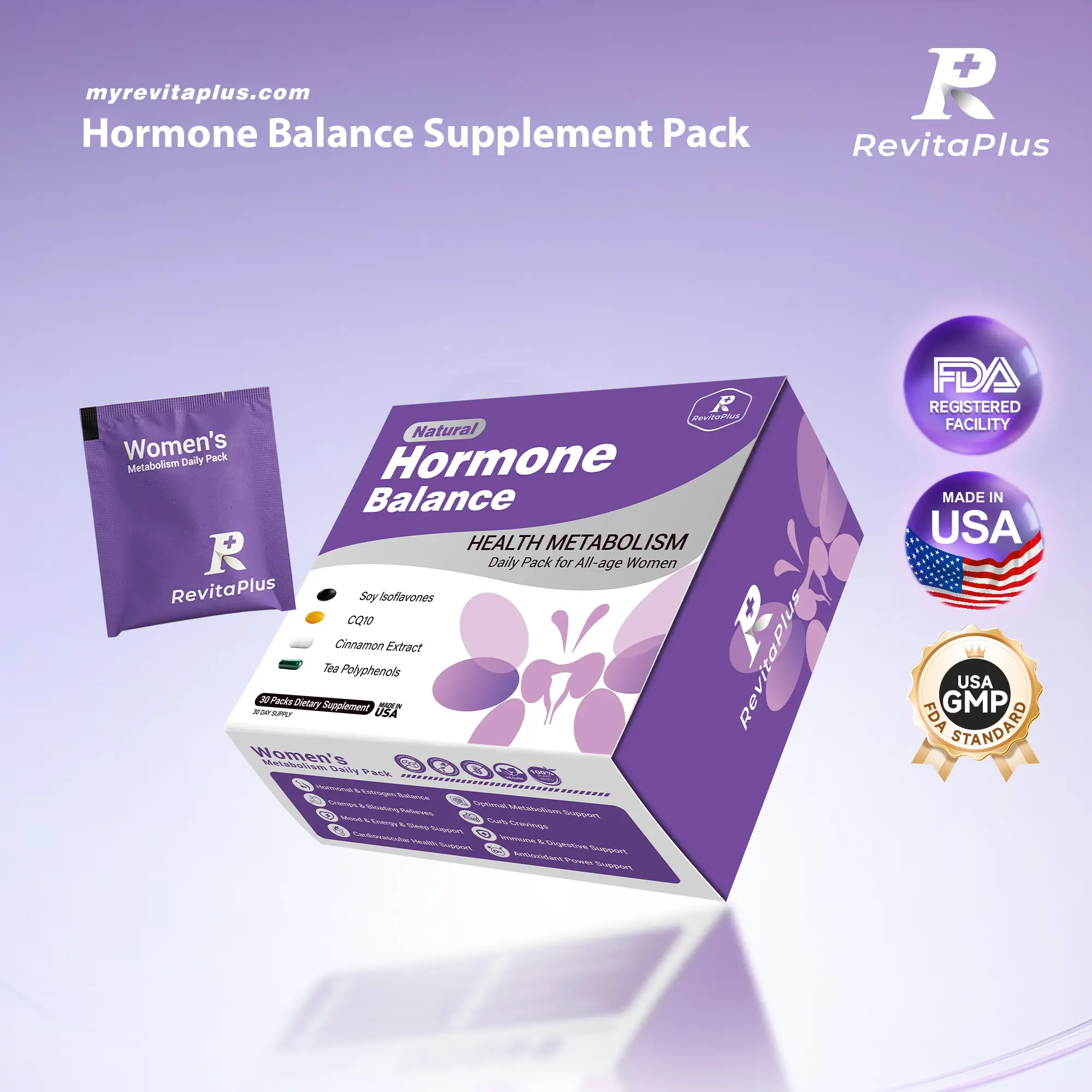 RevitaPlus Women’s Hormone Balance Supplement | Soy Isoflavone, CoQ10, Cinnamon Extract, Tea Polyphenols | Energy, Metabolism & Monthly Comfort Support | 30-Day Wellness Pack