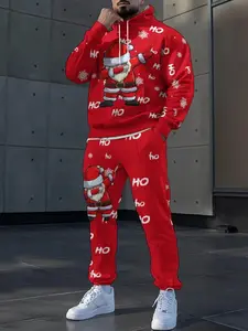Men's Fall Winter Christmas Santa Hoodie Set, Casual Fitted Cartoon Sweatshirt, Comfortable Daily Hip Hop Fashion