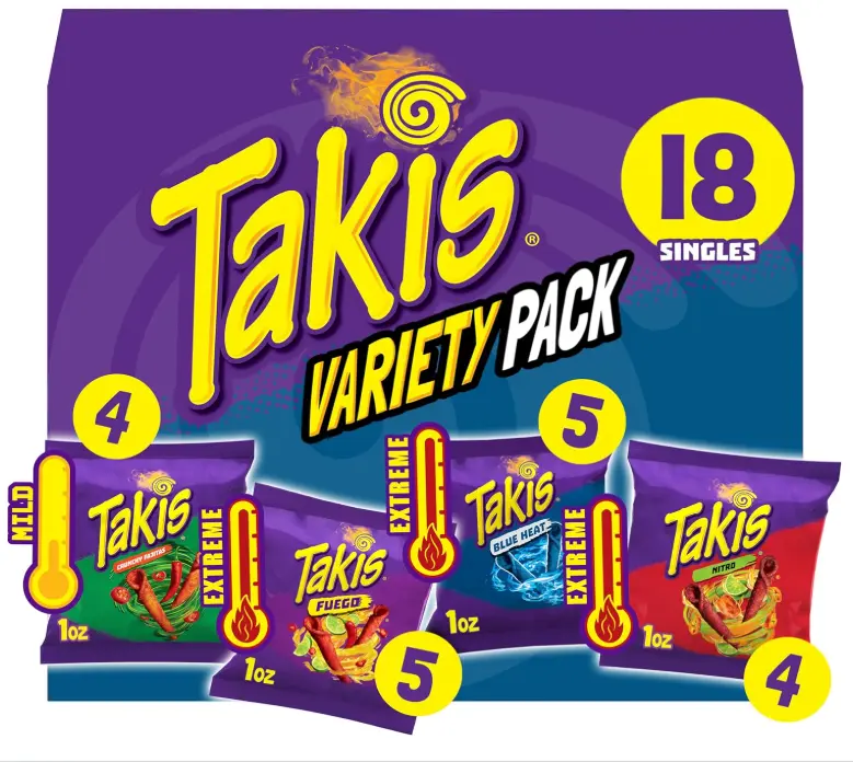 Takis 18 pc / 1 oz Variety Pack, Assorted Flavored Mixed Rolled Tortilla Chips – (5) Fuego, (5) Blue Heat, (4) Nitro, (4) Crunchy Fajitas