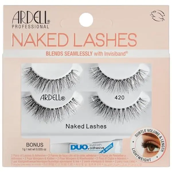 Ardell Naked Lashes 420 - Natural Volume & Lightweight Black Strip Lashes, 2 Pairs with 1g Duo Pipette, 1 Set