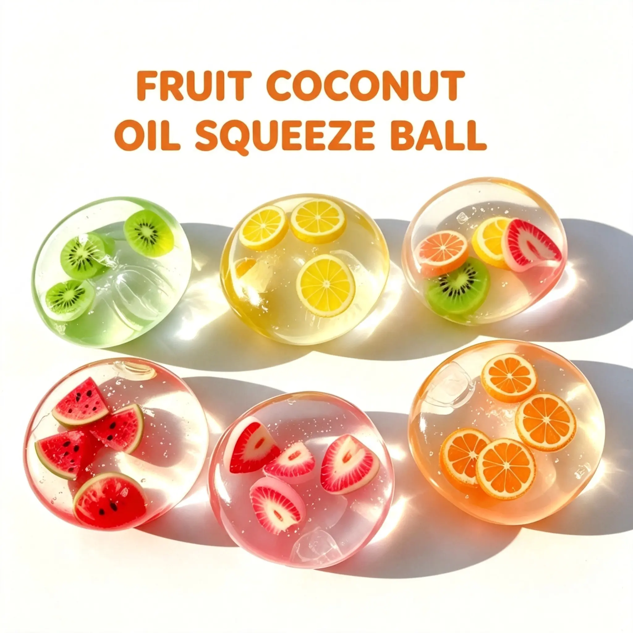 Clear Transparent Fruit Coconut Oil Squeeze Squish Ball, Moldable Non-Rebound Stretchable Soft Stress Relief Fidget Toy, Anxiety Relief Squeeze Sensory Toy for Kids Adults Party Gift