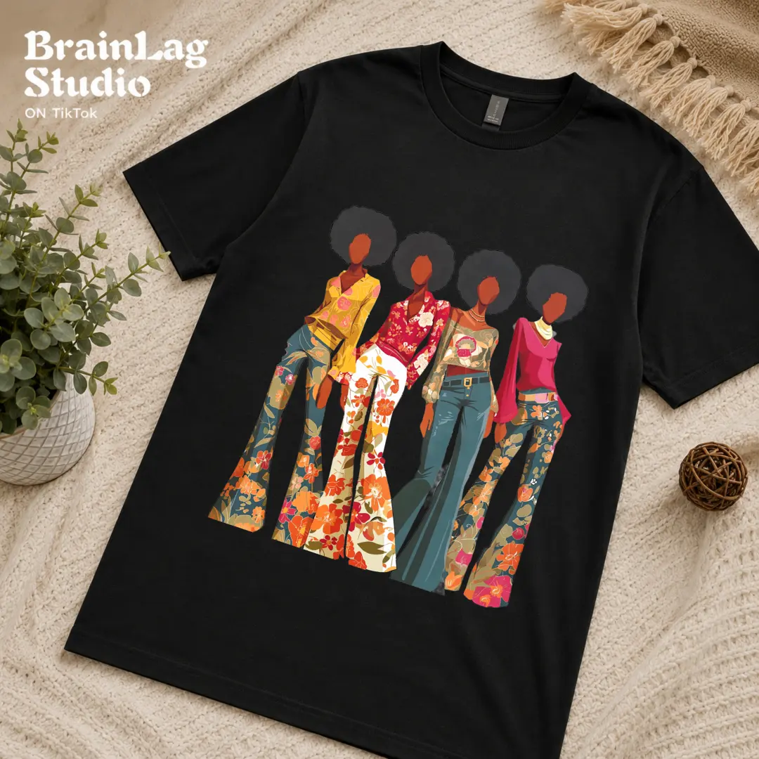 Retro Black Women Graphic T-Shirt, Afro Girl Floral Fashion Print Tee, Vintage 70s Style Casual Short Sleeve Shirt