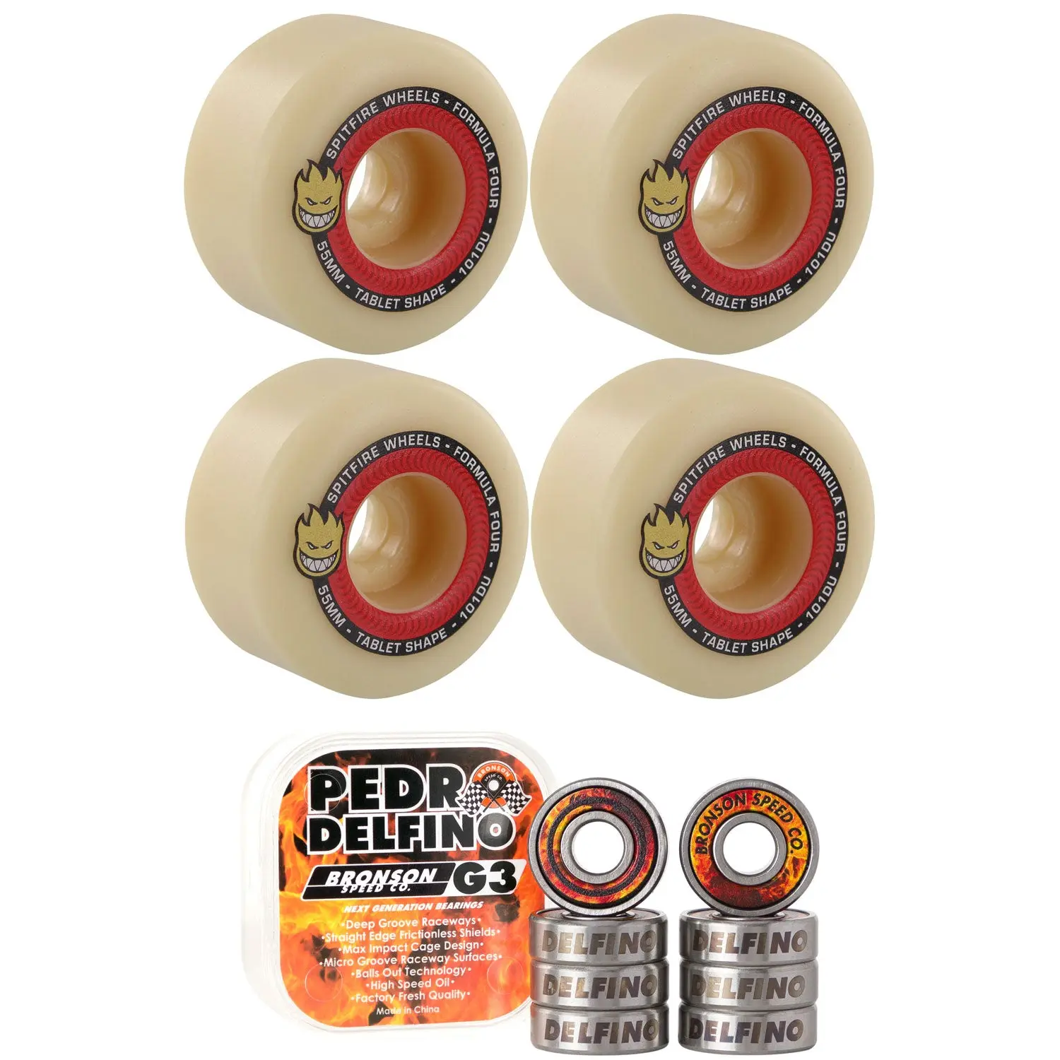 Spitfire Skateboard Wheels 54mm Tablets F4 101A with Bronson Pro G3 Bearings