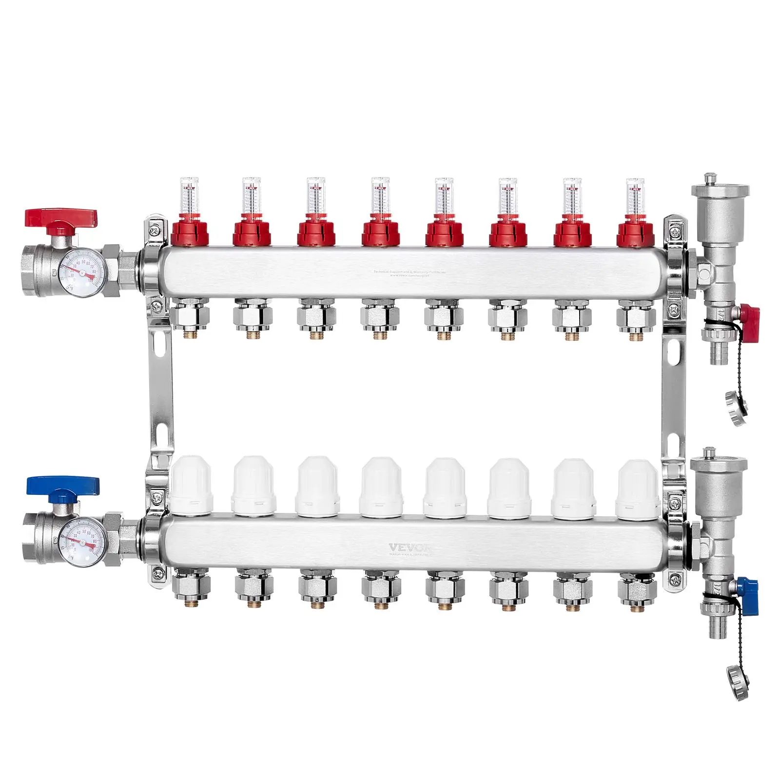 【summerfinds】VEVOR 8-Branch Radiant Heat Manifold, 1/2" PEX Tubing Manifold, Stainless Steel PEX Manifold for Hydronic Radiant Floor Heating, Radiant Heat PEX Manifold Kit with 1/2" Adapters Included