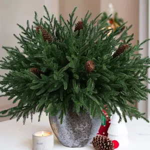 12 Christmas Norfolk Spruce Stems, Artificial DIY Plant Stems, Outdoor Fake Plants, Indoor Outdoor Home Garden Decoration, 5 Large Cones Included