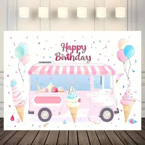 Ice Cream Truck Pattern Birthday Party Background, 1 Count Dessert Shop Truck Photography Backdrop, Birthday Party Decoration Supplies, Banners
