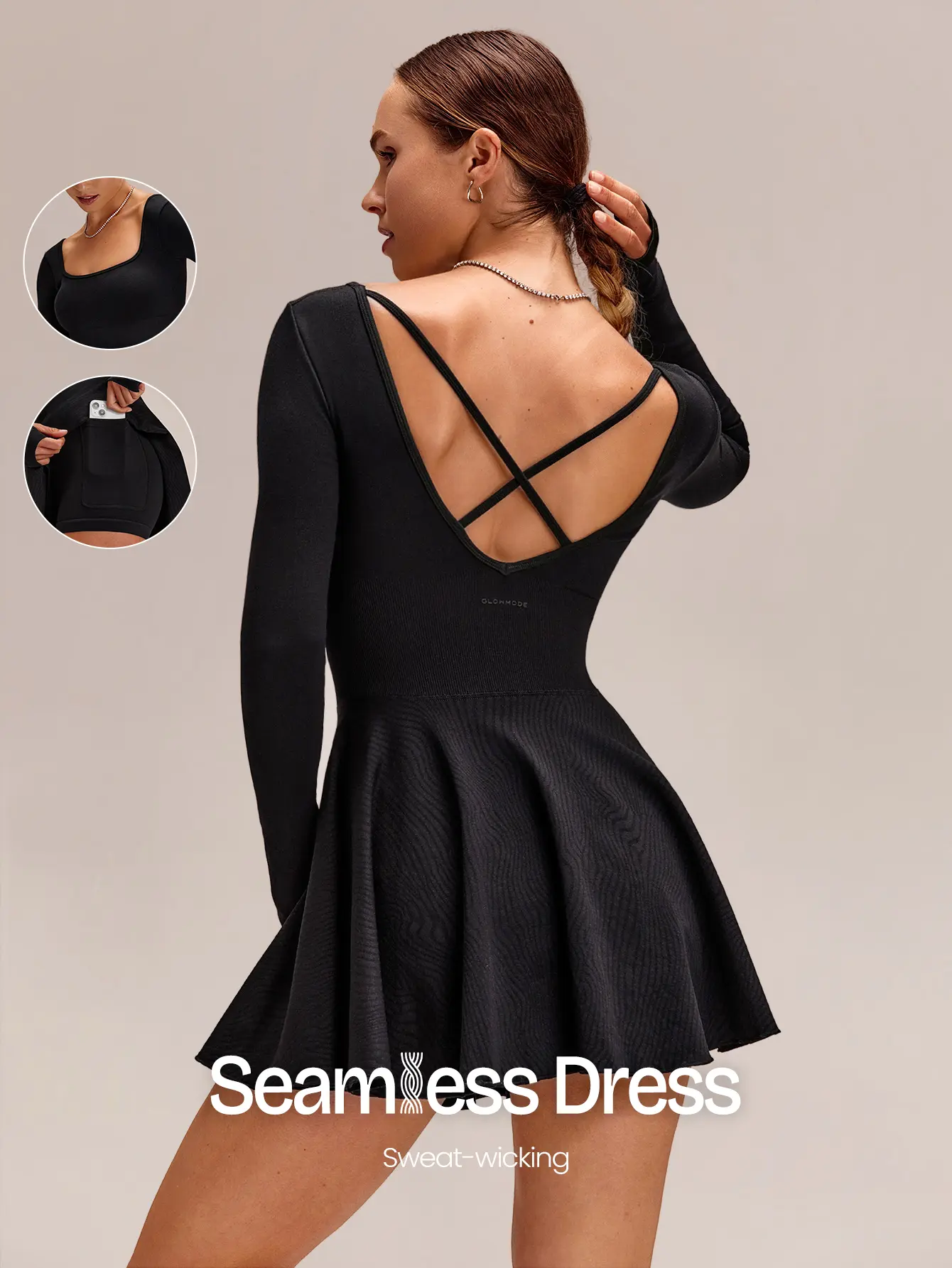 GLOWMODE Ultrafine Soft Seamless Square Neck Long Sleeve Crisscross Back Removable Cups Cinched Waist Dual Side Pockets Basque Waist A-Line Dress With Built-In
