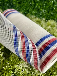 10.25 Inch By 10 Yard Red White And Blue On White Fine Weave Stripe Mesh