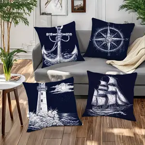 4-Piece Boat Sea Pattern Single-Sided Print Pillow Covers, 45x45cm, Hidden Zipper, Outdoor Patio, Indoor Living Room, Bedroom, Sofa, Bed, Car Decor
