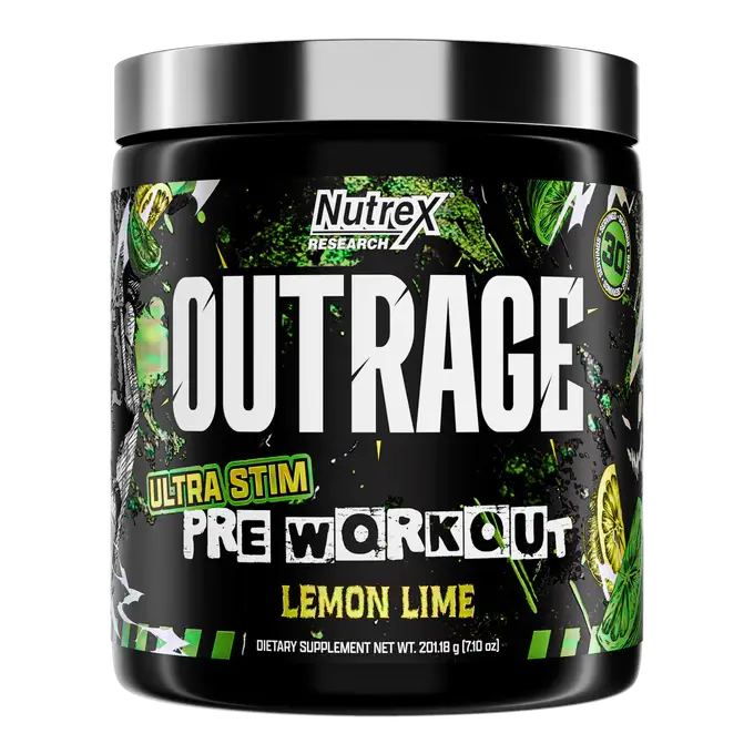 Nutrex Research Outrage Ultra Stim Lemon Lime Powder Pre-Workout Dietary Supplement - Beta-Alanine, Creatine Booster for Energy, Focus, Endurance; Healthcare Support for Experienced Bodybuilders