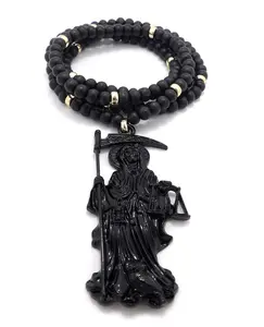 MaxBling81 Metal-Coated Jet Black Saint Death Santa Muerte Pendant Necklace, 6mm 30-in Wooden Bead Hip Hop Unisex Adult Fashion Costume Jewelry, Necklaces for Women