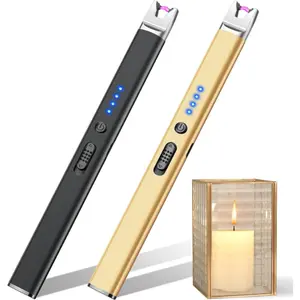 2 Pack Candle Lighter Electric USB Rechargeable Plasma Arc Lighter with Safety Lock, Windproof Flameless Long Lighters for Candle, Grill, BBQ, Camping, Gas Stoves ( Black & Champagne Gold )