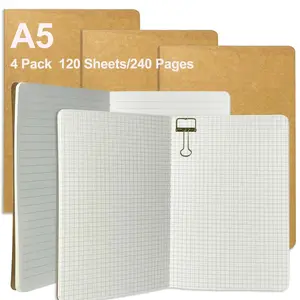 4 Pack A5 Kraft Notebooks Bulk, 8.27x5.5 Inches Lined Grid Paper, 60 Pages, Ideal for Work, Office, School, Journaling