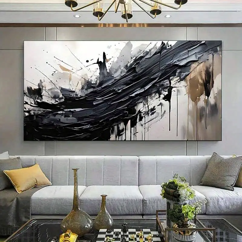 1 piece of canvas painting  - modern abstract canvas wall art - black and white tones and gold embellishments, modern home art, large-size canvas wall art, suitable for living room, bedroom, office decoration