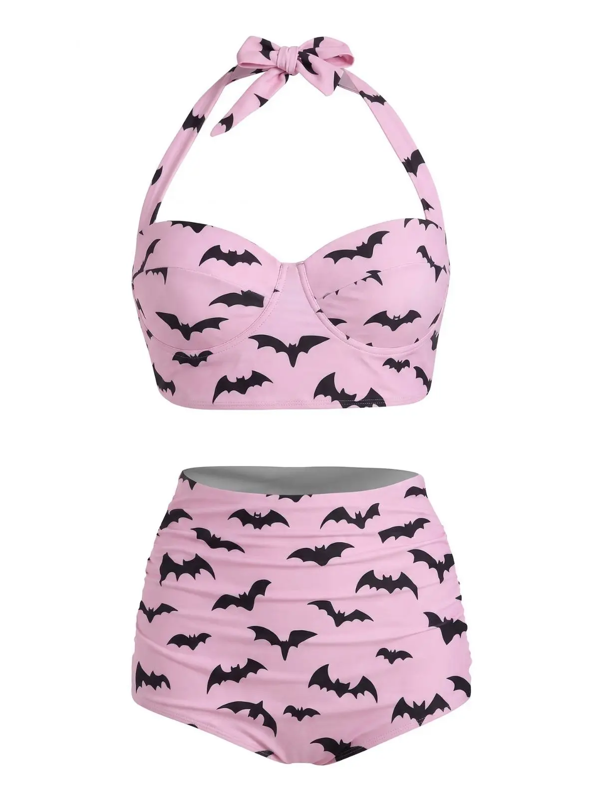 Pink 1950s Bat Print Lace-Up Halter Swimsuit Bikini Swimwear BackToSchool
