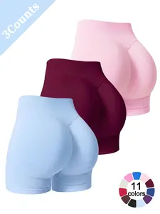 Women's Solid Color 3 Piece Sports Shorts Set High Waist Butt Lifting Shaping Shorts 4 Way Stretch No Show Breathable Soft Comfortable Active Bottoms Gym Seamless Peach Butt Shorts Outdoor Running Cycling Indoor Pilates Daily Versatile Yoga Shorts