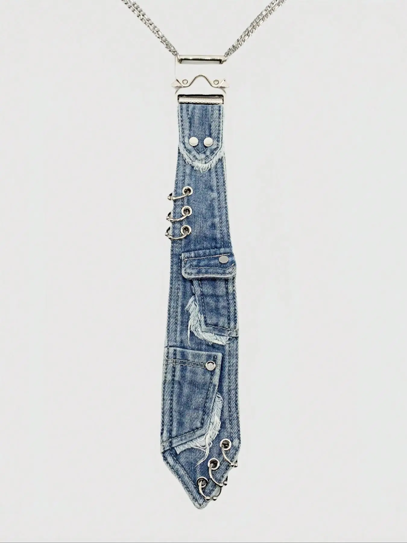 Women's Y2K Denim Bow Tie Design, Metal Buckle Chain Vintage Distressed Edges, Unique Fashion Accessory for Stylish