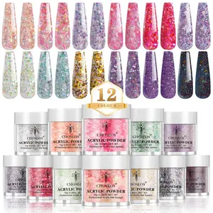 Glitter Acrylic Nail Art Powder, 12pcs/set Shimmering Nail Art Powder, Nail Art Decoration for Women & Girls