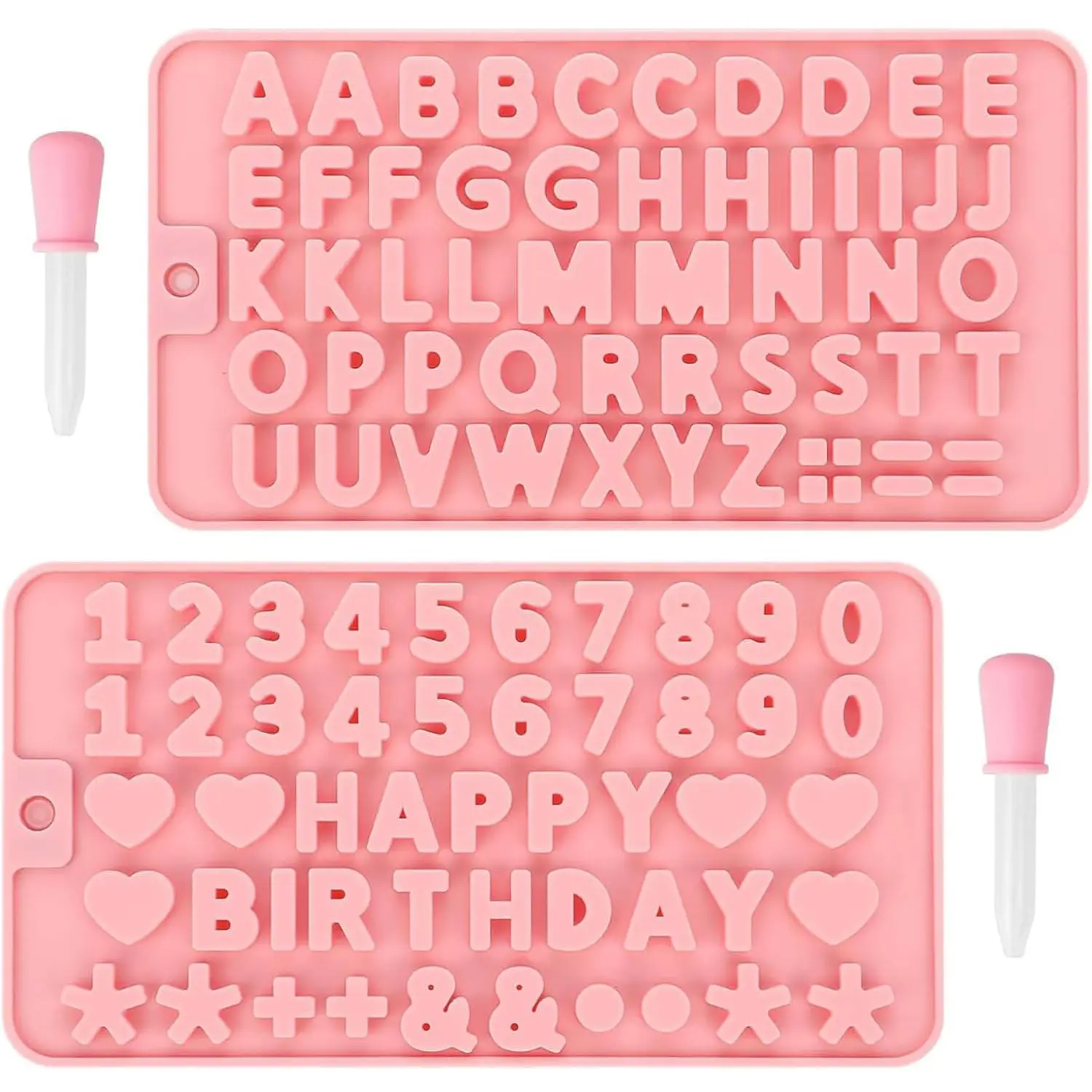 2-Pcs Edible Alphanumeric Flexible Silicone Baking Molds with 2 Droppers, Kitchen Bakeware for Birthday Cake Decorations, Chocolate & Sweet Moulds, Ice Cubes, Silicone Mold Chocolate & Sweet Moulds