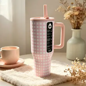 HydroJug 40oz Pink White Gingham Handle Tumbler - Sweet Girly Style, Large Capacity Leak‑Proof Insulated Cup for Car, Commute & Student Use