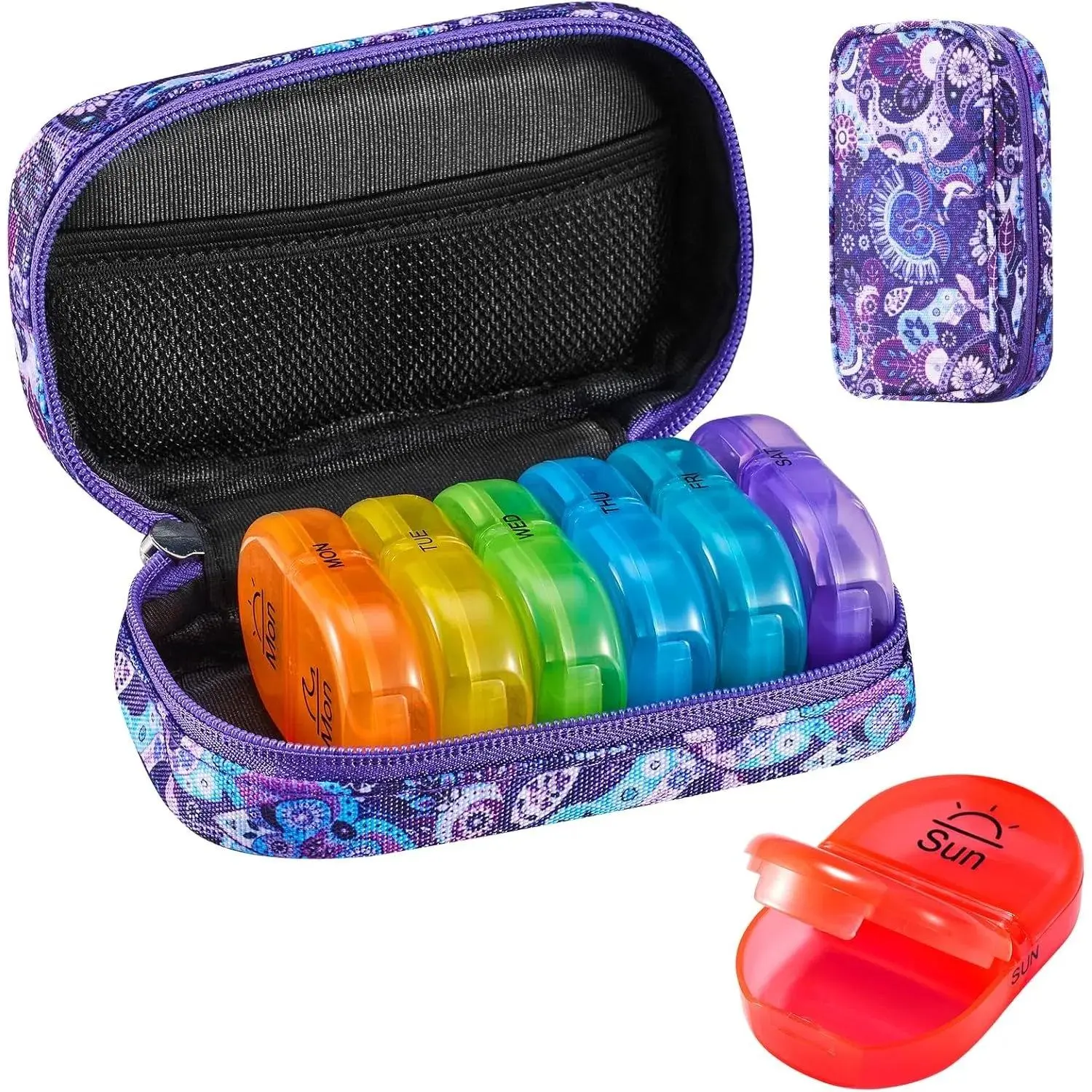 Weekly Travel Pill Organizer 2 Times A Day AM PM Upgraded Rainbow Pill Box 7 Day with Portable Zipper Canvas Pill Case, Medicine Organizer for Pills, Vitamins, Fish Oils