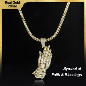 Holylegend 14K Real Gold-Plated Praying Hands Pendant Necklace for Men, 3D Carved Pendant with CZ Iced Bail, Gift-Ready Religious Jewelry