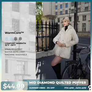 PUFFIT WarmCore Premium Mid-length Diamond Quilted Drawstring-waist PUFFER Style,Classic Diamond Pattern,Waist-cinching Lightweight Cotton Jacket,High-density Integrated Quilting Lightweight, Comfortable For Commuting, Stylish For Going Out SpringStatemen