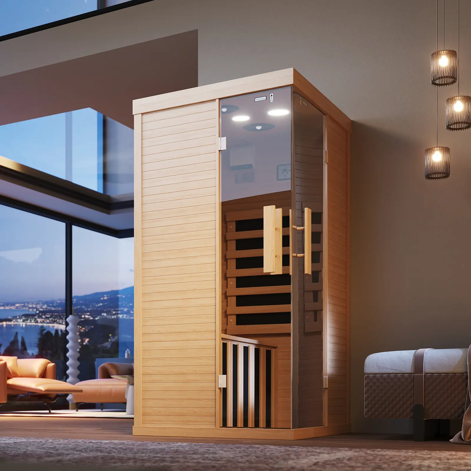 【Ships in 2 Packages】Aoxun 1 to 2 Person Infrared Wooden Sauna with Control Panel 10 Chromotherapy Bluetooth Speakers Low EMF Indoor Home Sauna for House and Gym 33.4x33.4x66.9 inch