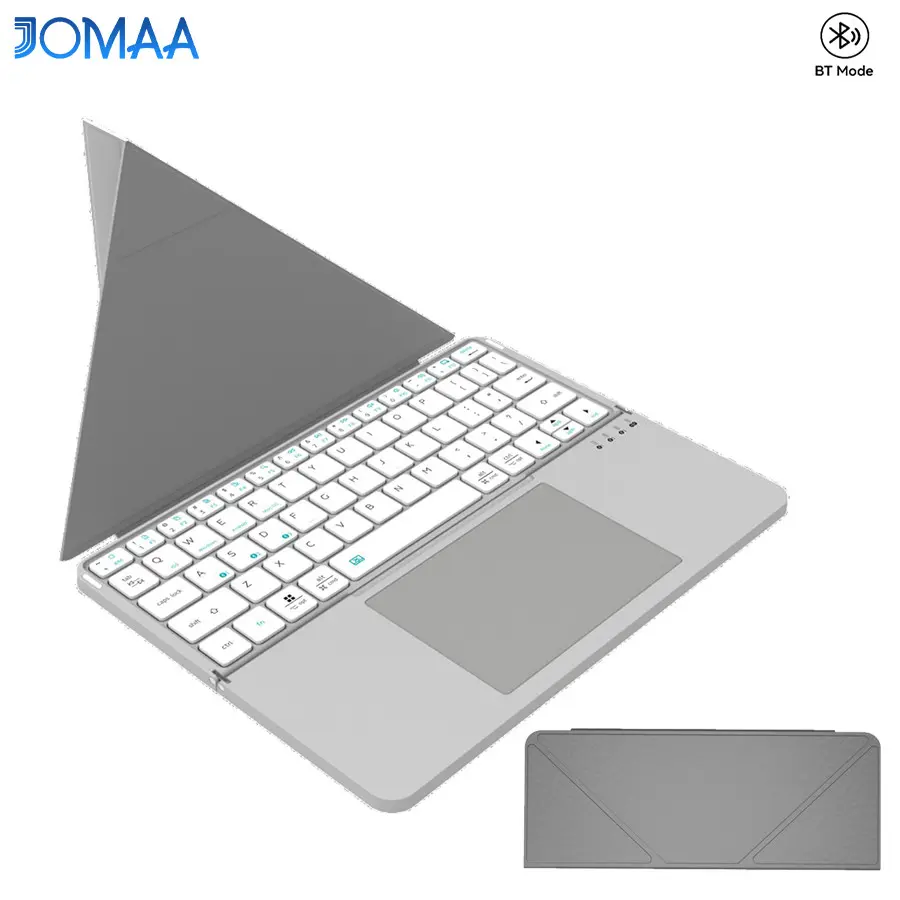 Jomaa Rechargeable Bluetooth-compatible Wireless Compact Keyboard, Keyboard With Touchpad, Multifunctional Keyboard, Large Touchpad, Foldable Leather Stand, Portable 64 Key Travel Keyboard for PC/Laptop/Tablet-Grey/Silver Color