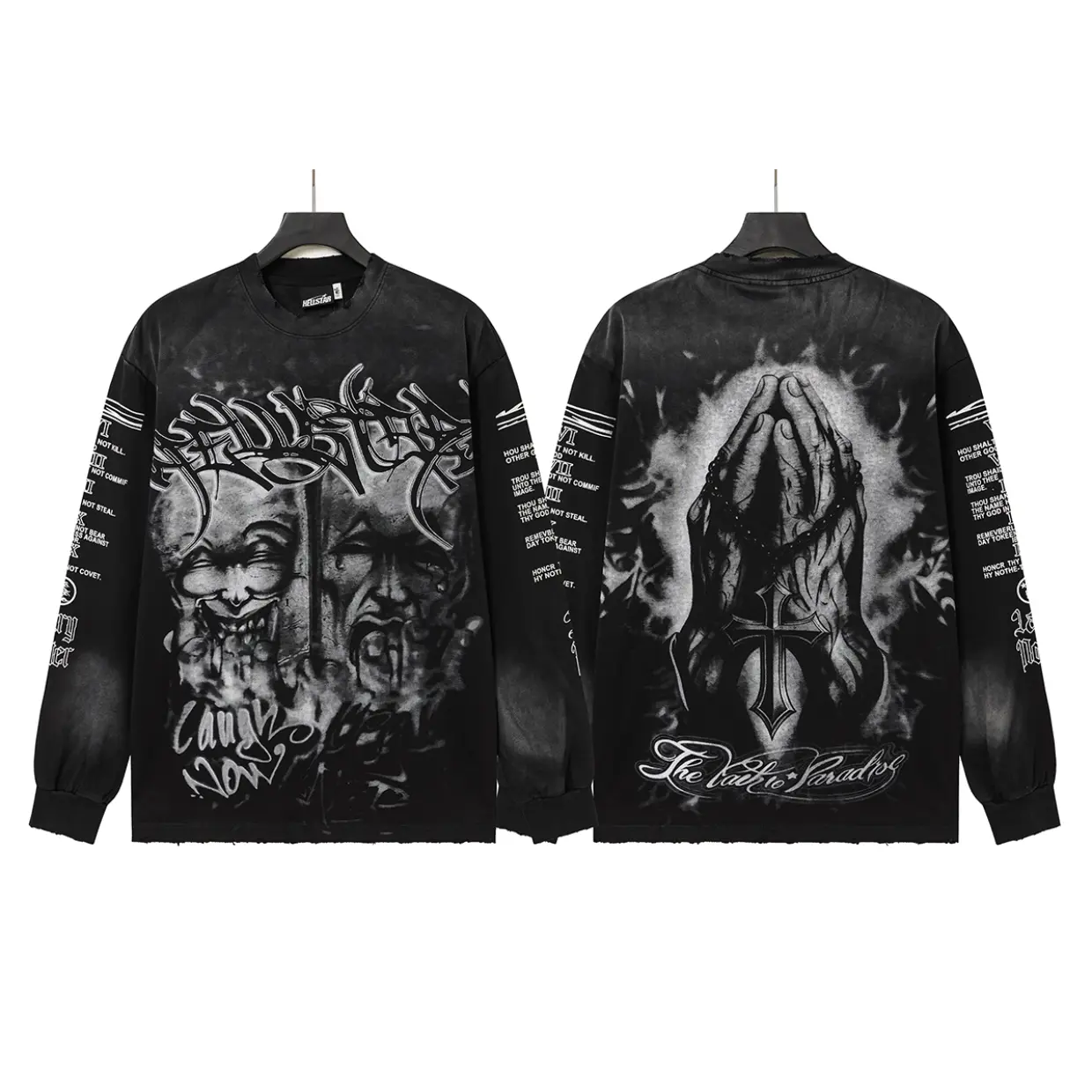 HELLSTAR Cross Print Distressed Long Sleeve T-Shirt for Men and Women, Y2K Gothic Streetwear Graphic Top with Vintage Worn-In Style for Casual Daily Wear, Concerts, Festivals and Layering