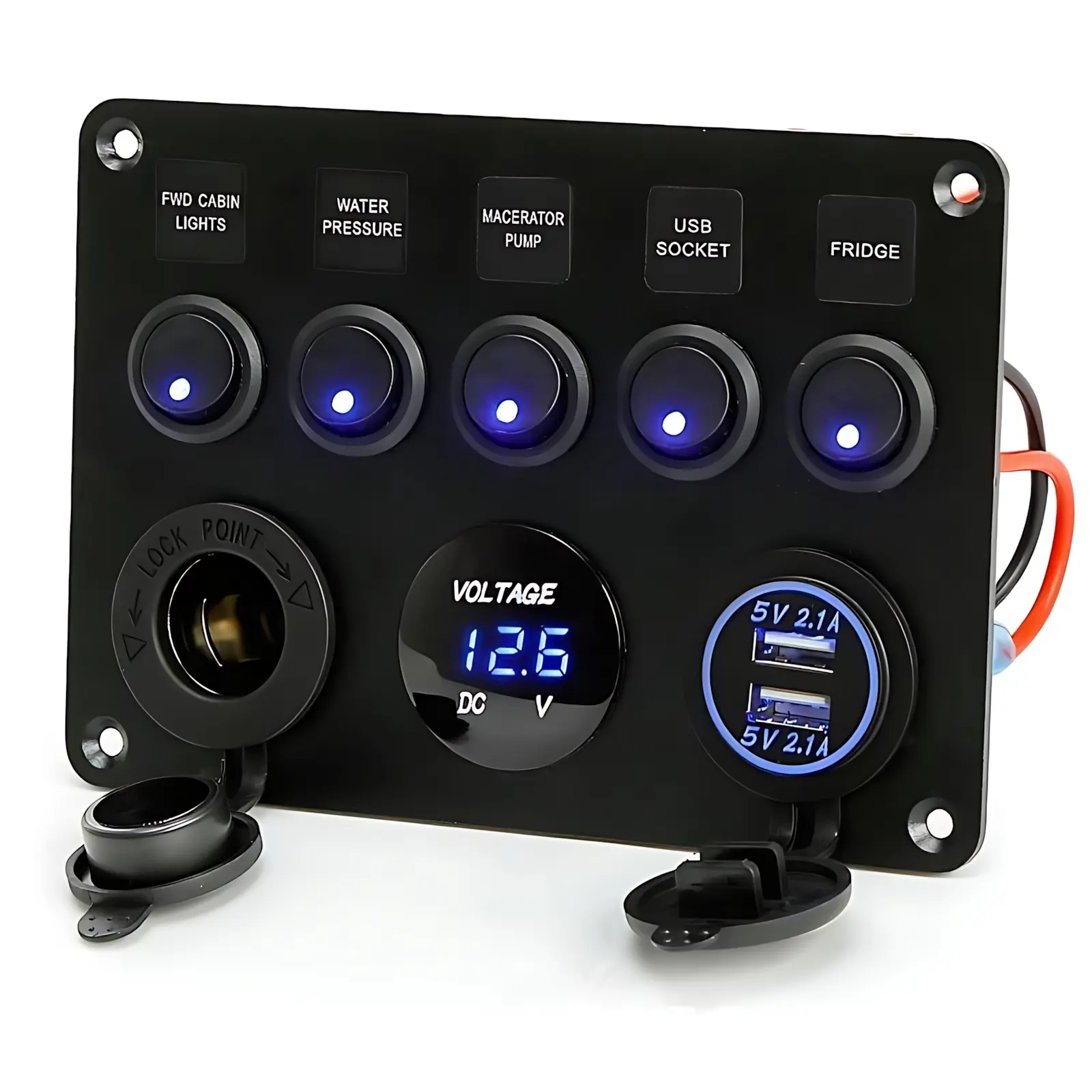 5-Gang Pre-Wired Backlighted Multi-Function Rocker Switch Panel with Dual USB Charger, Digital Voltmeter, 12V Outlet, Inline Fuse for RV, Truck, Marine Boats (Battery Not Included), Pre-Wired Switch Panel