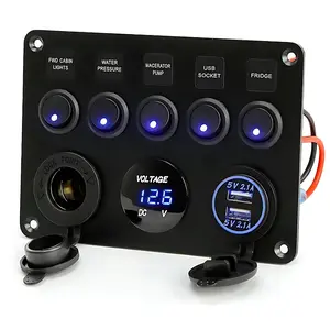 5 Gang Multi Function Rocker Switch Backlit Dual USB Charger, Digital Voltmeter, 12V Outlet Pre-Wired Switch Panel with Inline Fuse for RV Truck Car Marine Boats, Without Battery