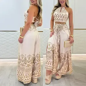 Women's 2-Piece Set Tribal Print Keyhole Neck Sleeveless Top Wide-Leg Tie-Slit Long Pants Set Suit FashionGift