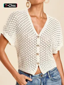 Women's Knitted V-Neck Open Front Cardigan, Hollow Out Geometric Pattern, Short Sleeve Metal Button, Casual Comfortable Summer Top