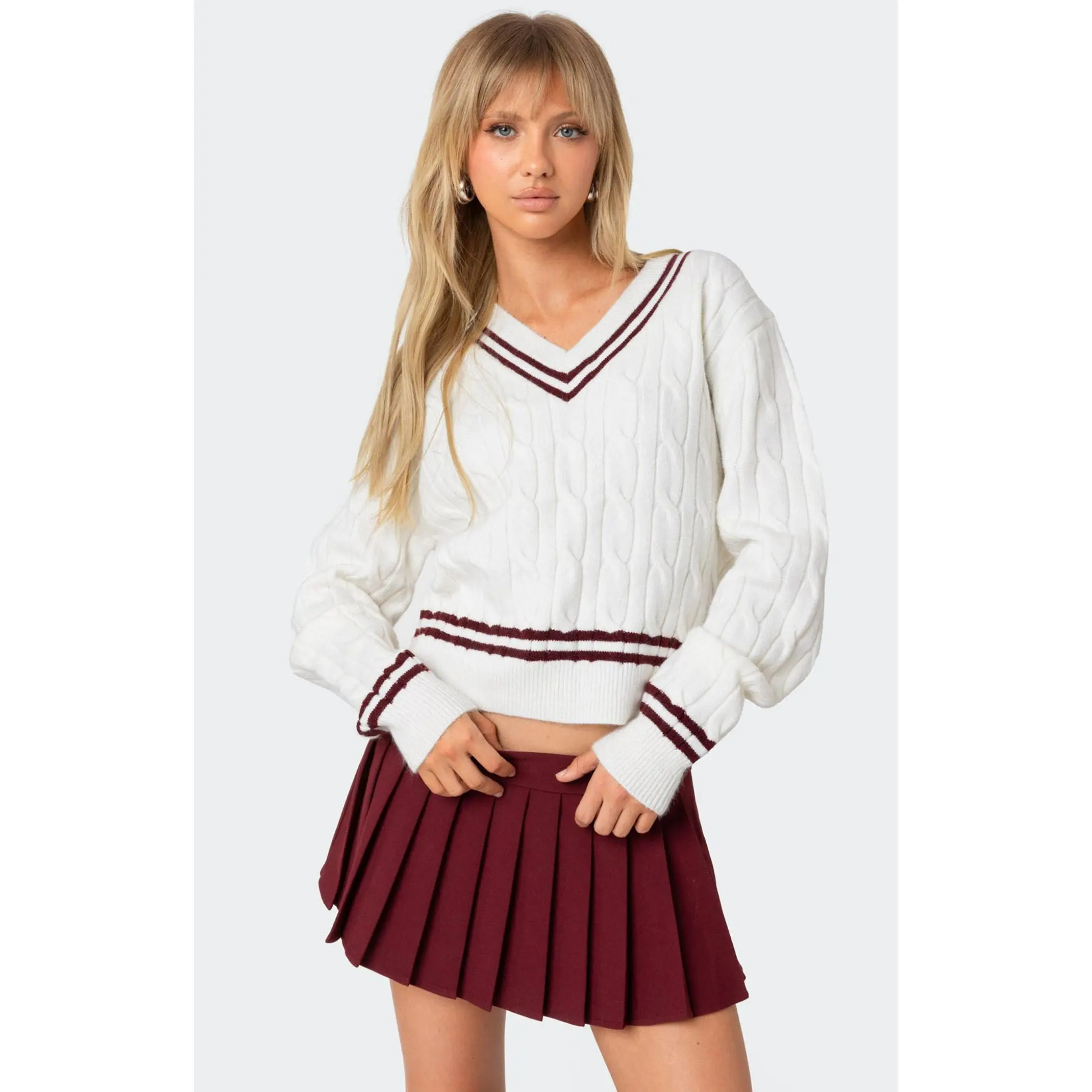 Edikted Women's Dean V Neck Cable Knit Sweater